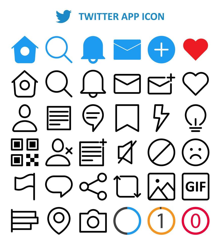 Twitter app ikon symbol uppsättning packa för grafisk design vektor