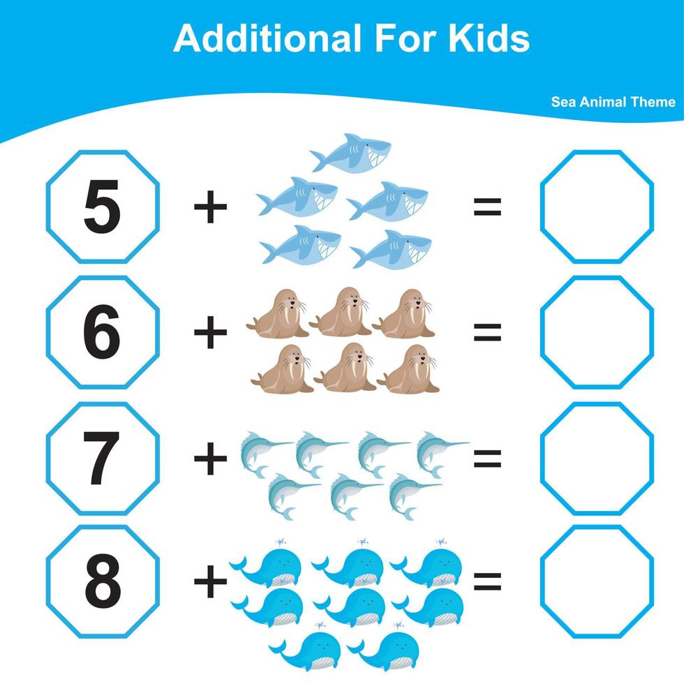 Anzahl und schreiben zusammen Arbeitsblatt. lehrreich druckbar Mathematik Arbeitsblatt. Mathematik Spiel zum Kinder. zusätzlich Mathematik Arbeitsblatt. Vektor Illustration.