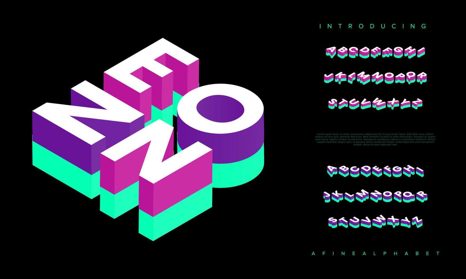 neon isometrisk font visa typsnitt. typografi en till z minimal design. vektor illustration av ord