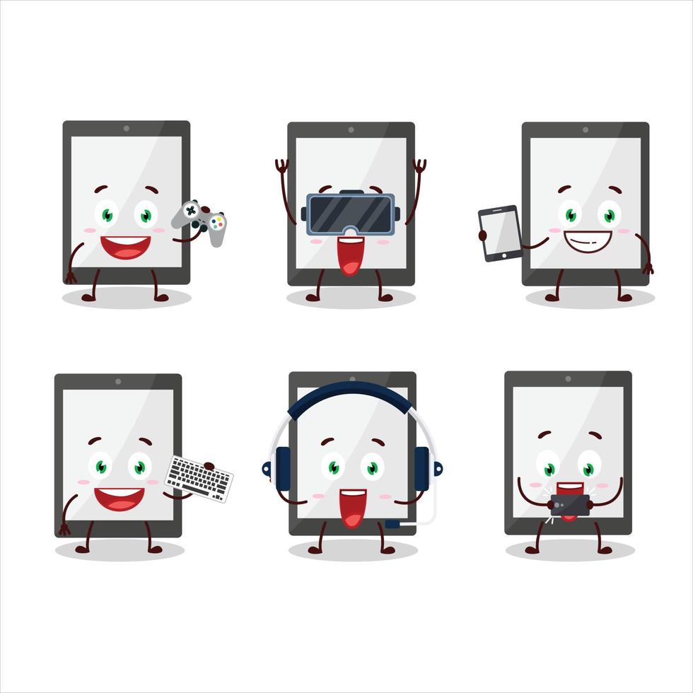 Tablette Karikatur Charakter sind spielen Spiele mit verschiedene süß Emoticons vektor
