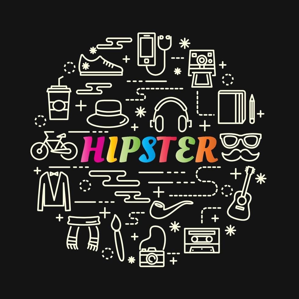 bunte Farbverlaufsbeschriftung des Hipsters mit Linienikonen vektor