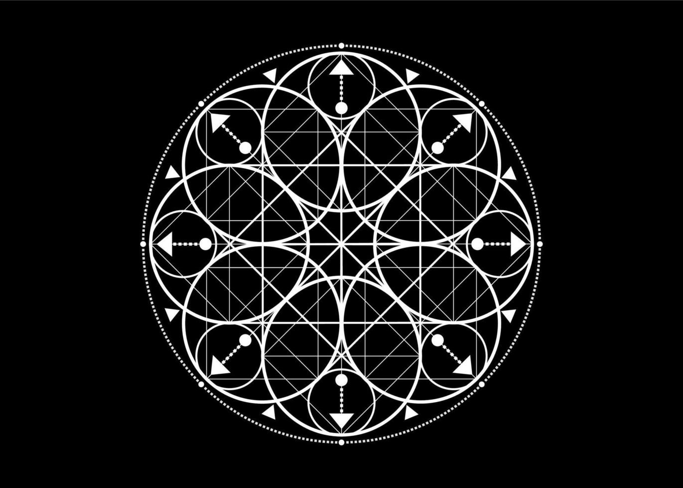 heilig Geometrie Symbol. Logo Symbol geometrisch Mystiker Mandala von Alchimie esoterisch Blume von Leben. mystisch Pfeile von Reichtum, Weiß Vektor tätowieren göttlich meditativ Amulett isoliert auf schwarz Hintergrund