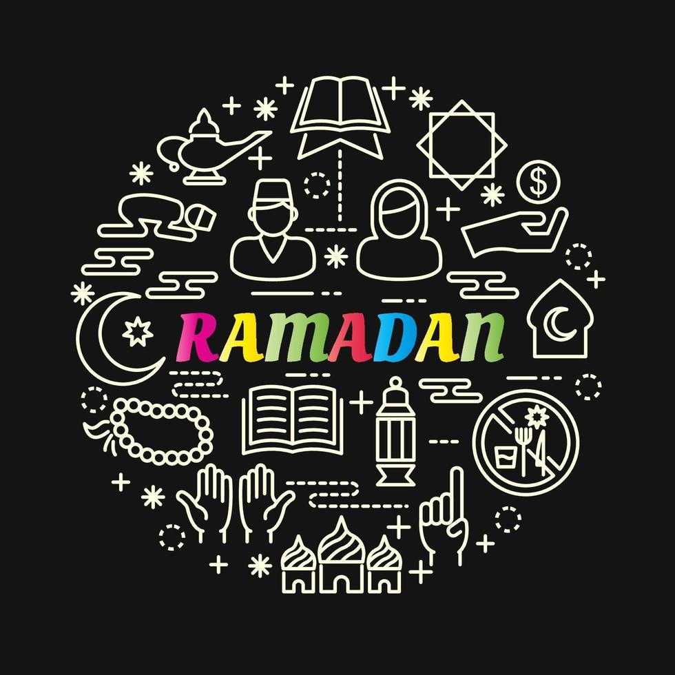 bunte Farbverlaufsbeschriftung des Ramadan mit Linienikonen vektor