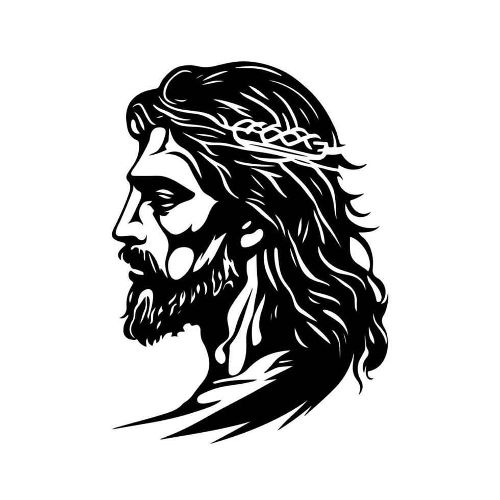 helig bild av Jesus christ med taggig krona och lång hår. svartvit vektor illustration lämplig för religiös och andlig mönster, t-shirts, grafik, och Mer.