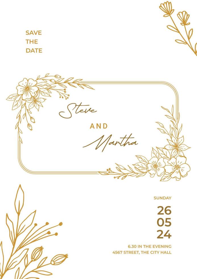 minimalistisch Hochzeit Einladung Vorlage mit Gold Hand gezeichnet Blätter und Blumen Dekoration vektor