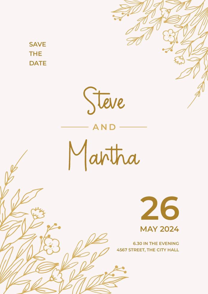 minimalistisch Hochzeit Einladung Vorlage mit Gold Hand gezeichnet Blätter und Blumen Dekoration vektor