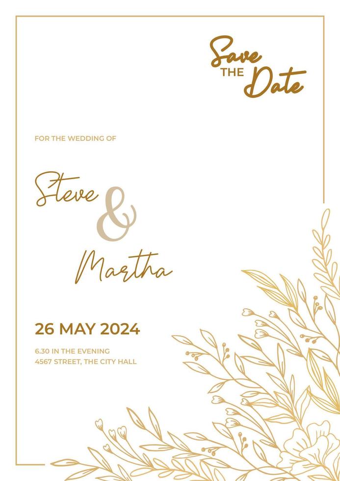 minimalistisk bröllop inbjudan mall med guld hand dragen löv och blommor dekoration vektor