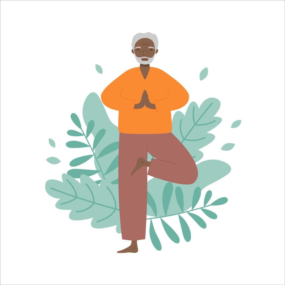 senior man håller på med yoga med löv bakgrund. gammal man praktiserande meditation, tränar, förvaring aktiva friska livsstil. vektor