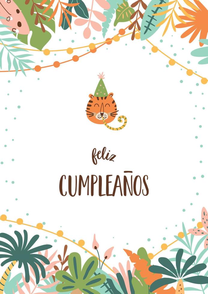 lycklig Cumpleanos djungel födelsedag affisch lycklig Cumpleanos betyder Lycklig födelsedag i spanska tropisk löv tiger huvud vild bithday fest inbjudan. djungel fest design. safari vektor illustration.