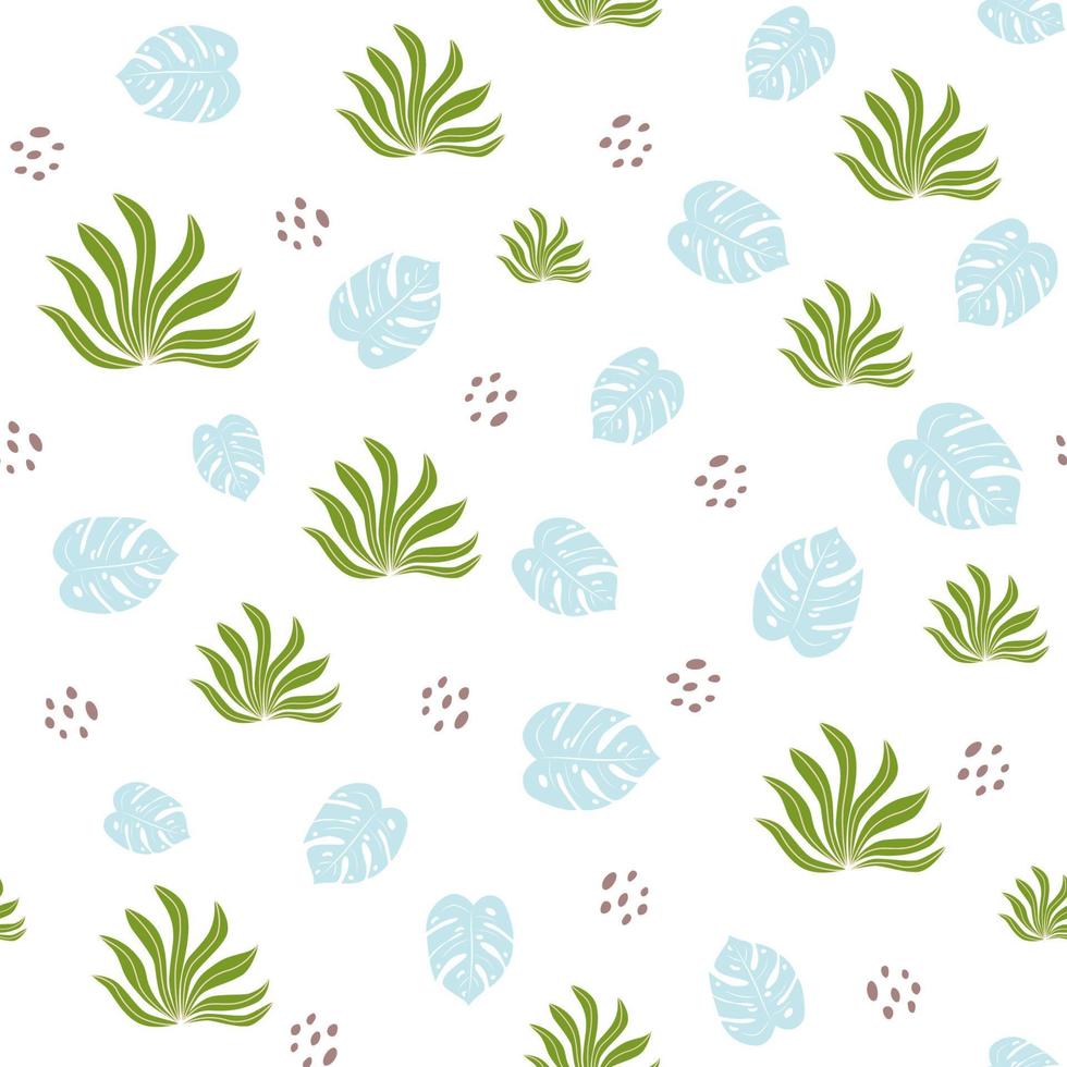 grön tropisk växter bakgrund. tropisk sömlös mönster, blå monstera blad på vit bakgrund. söt djungel skriva ut. sommar vibrafon tyg design. enkel illustration för tapet, textil, tyg. vektor