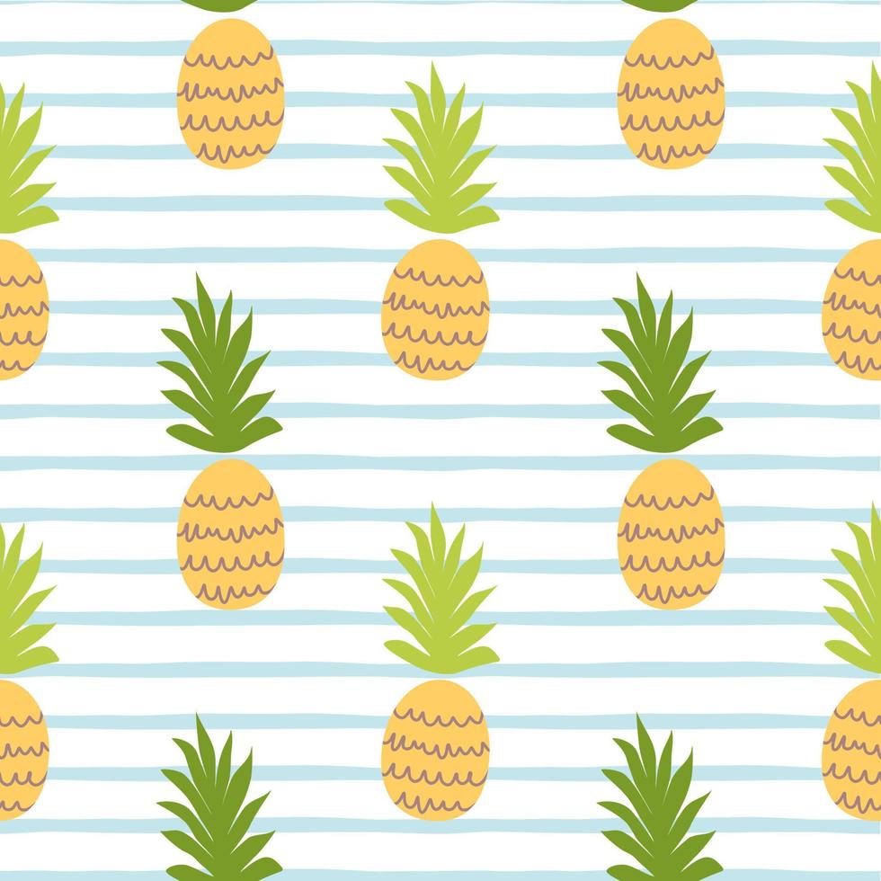 strand sommar mönster med ananas. söt tropisk frukt på blå rader sömlös bakgrund. tyg textil- frukt mönster design. tropisk exotisk frukt skriva ut randig illustration. ananas tapet vektor