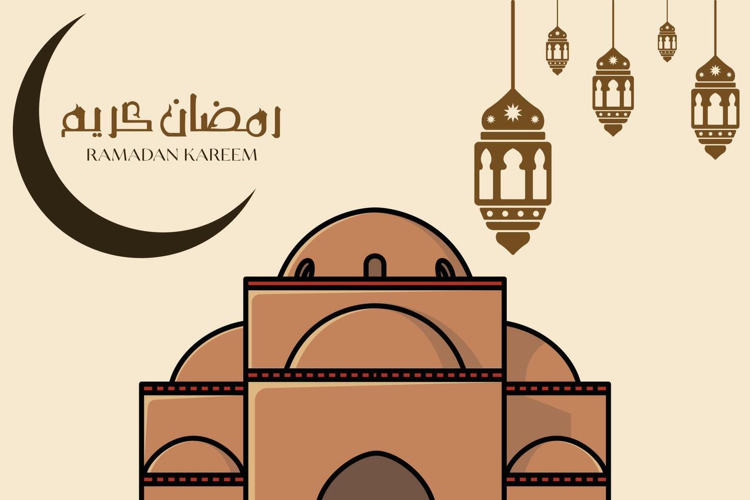 modern Stil Ramadan Mubarak Gruß Karten Design, Mond, Moschee Kuppel und Laternen. Ramadan kareem Vektor Gruß Post Design. islamisch Urlaub Symbol Konzept. Ramadan kareem Arabisch Kalligraphie Design.