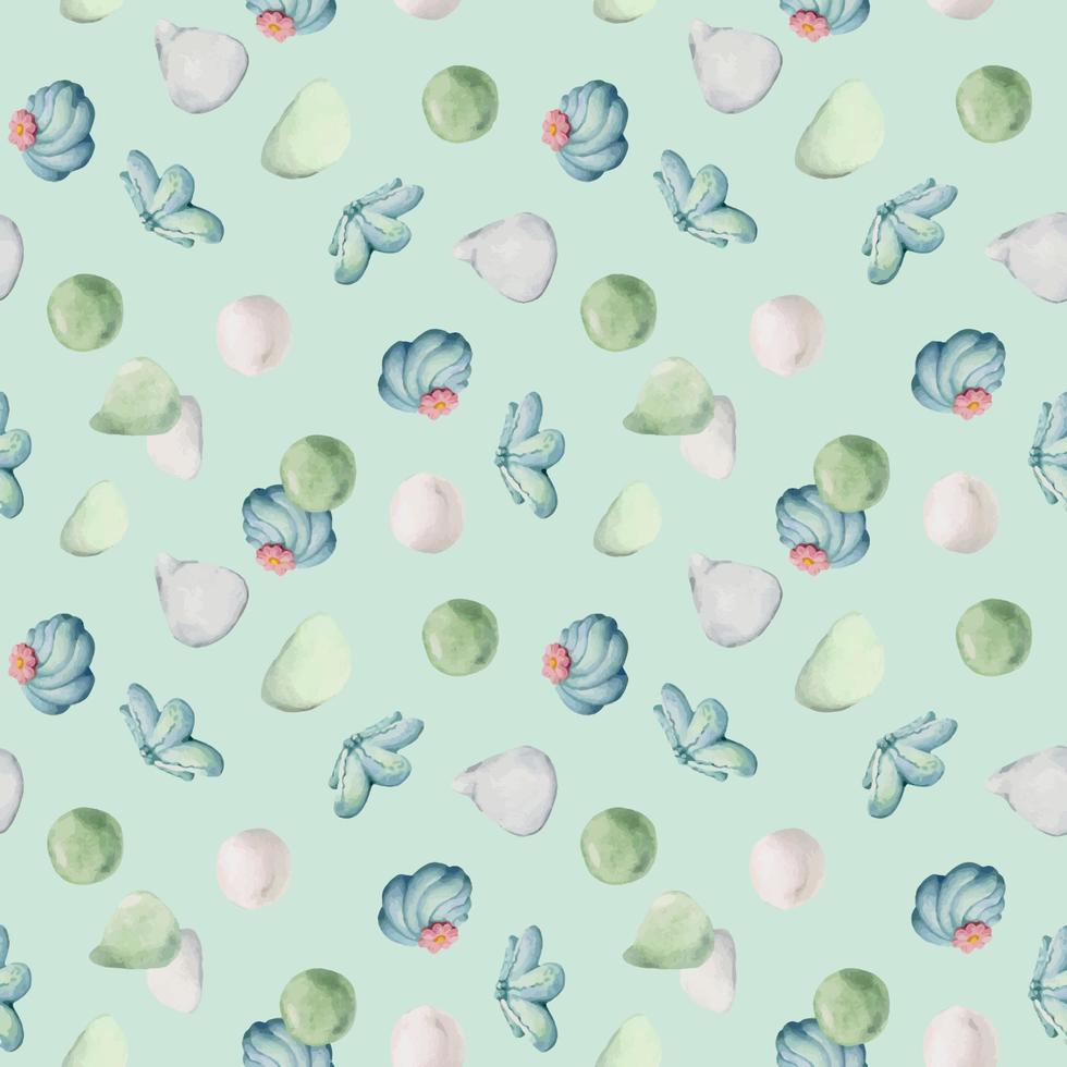 Aquarell nahtlos Muster mit Hand gezeichnet traditionell japanisch Süßigkeiten. wagashi, mochi, Sommer- Blumen. isoliert auf Farbe Hintergrund. Einladungen, Restaurant Speisekarte, Gruß Karten, drucken, Textil- vektor