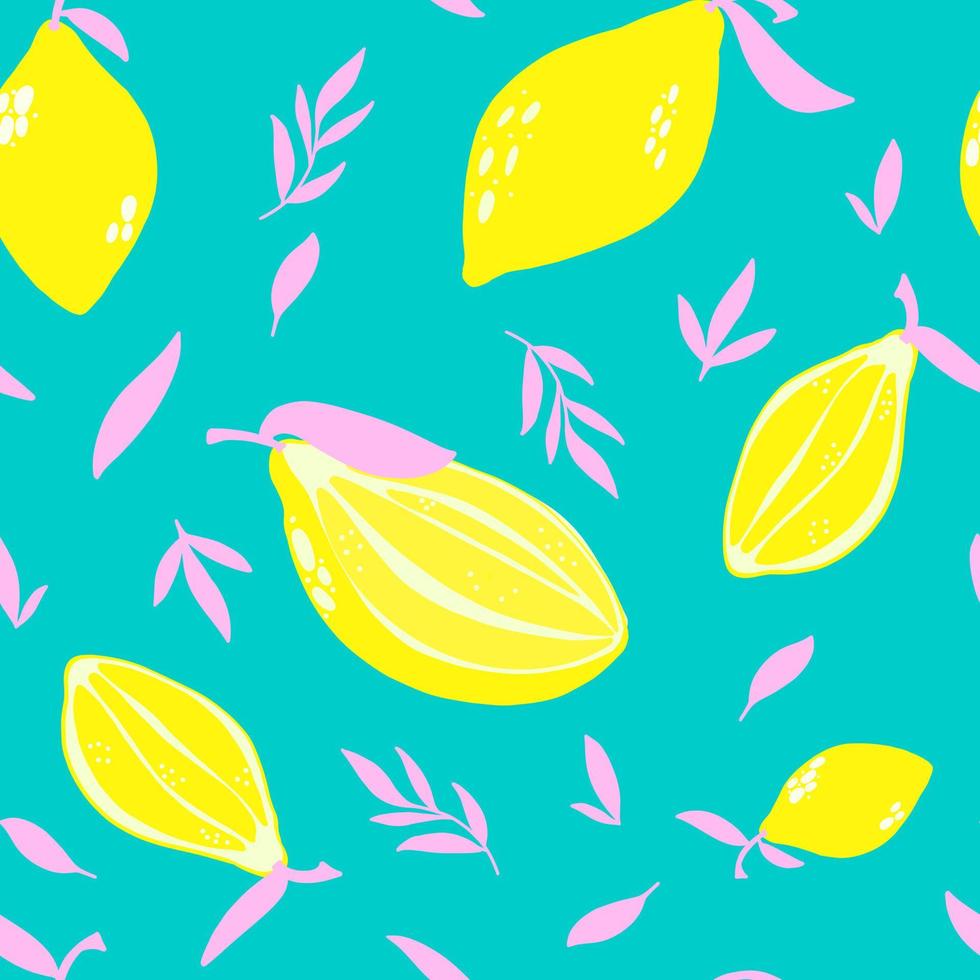 hell nahtlos Muster mit Neon- Zitronen und Rosa Blätter auf ein Türkis Hintergrund. Hand gezeichnet Illustration zum Tapeten oder Mode Textil- drucken. vektor