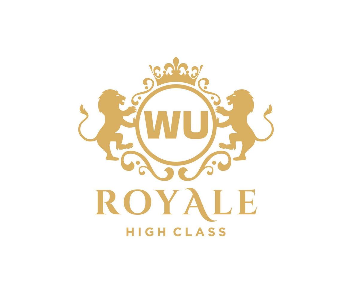 gyllene brev wu mall logotyp lyx guld brev med krona. monogram alfabet . skön kunglig initialer brev. vektor