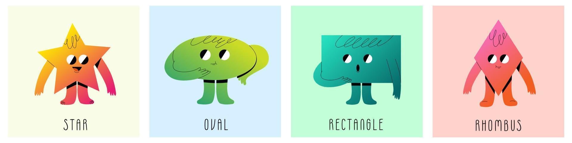 uppsättning av olika ljus grundläggande geometrisk siffror med ansikte känslor, händer och ben. annorlunda former. hand dragen trendig vektor illustration för ungar. söt rolig tecken. Allt element är isolerat