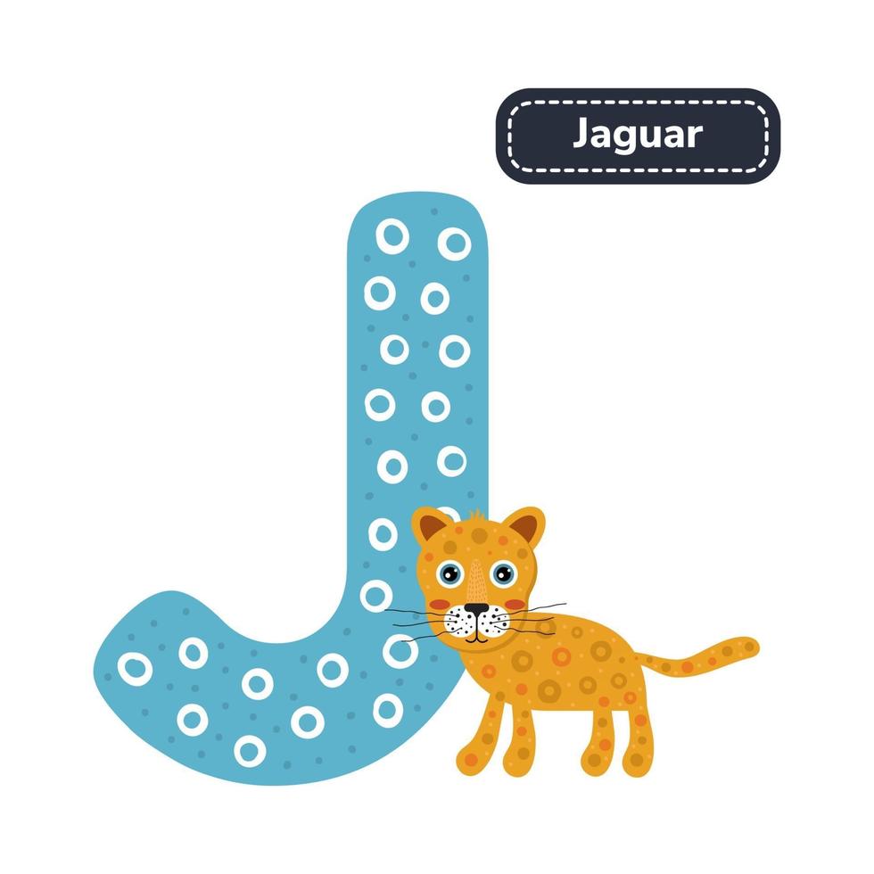 Kinderalphabet. Buchstabe j. niedlicher Cartoon-Jaguar. vektor