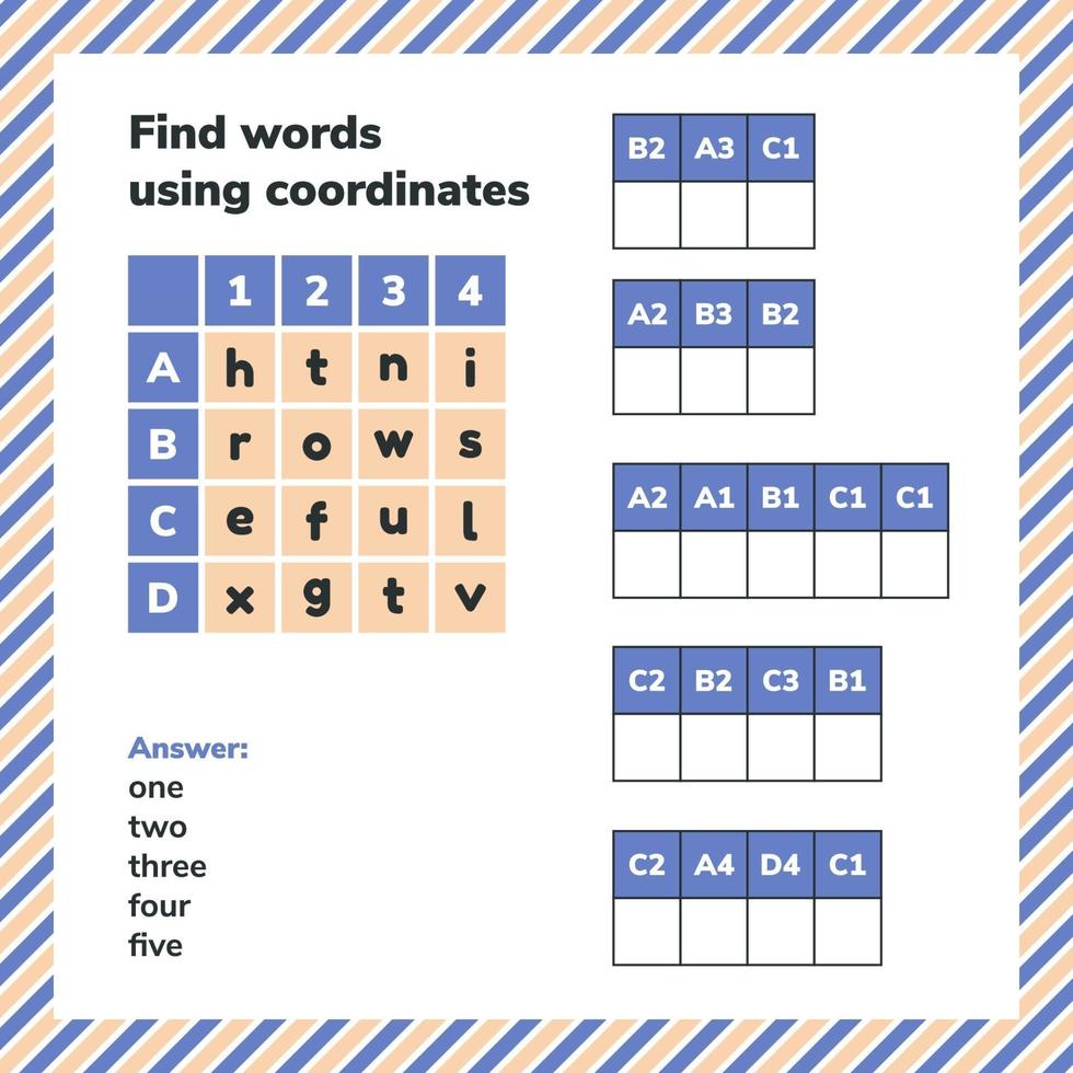 Lernspiel für Kinder im Vorschul- und Schulalter. Finden Sie Wörter mithilfe von Koordinaten. Puzzle-Arbeitsblatt Seite. vektor