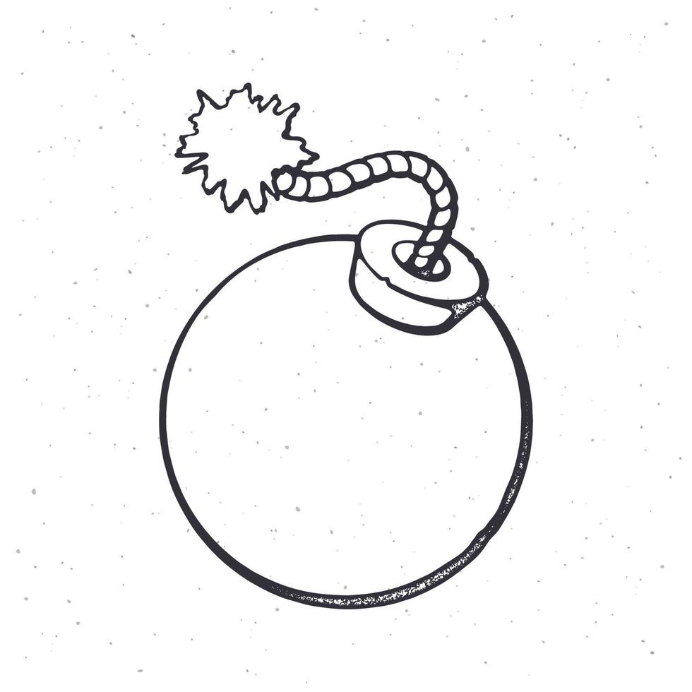 översikt av kulformad bomba med brinnande säkring rep. vektor illustration. hand dragen svart bläck skiss, isolerat på vit bakgrund