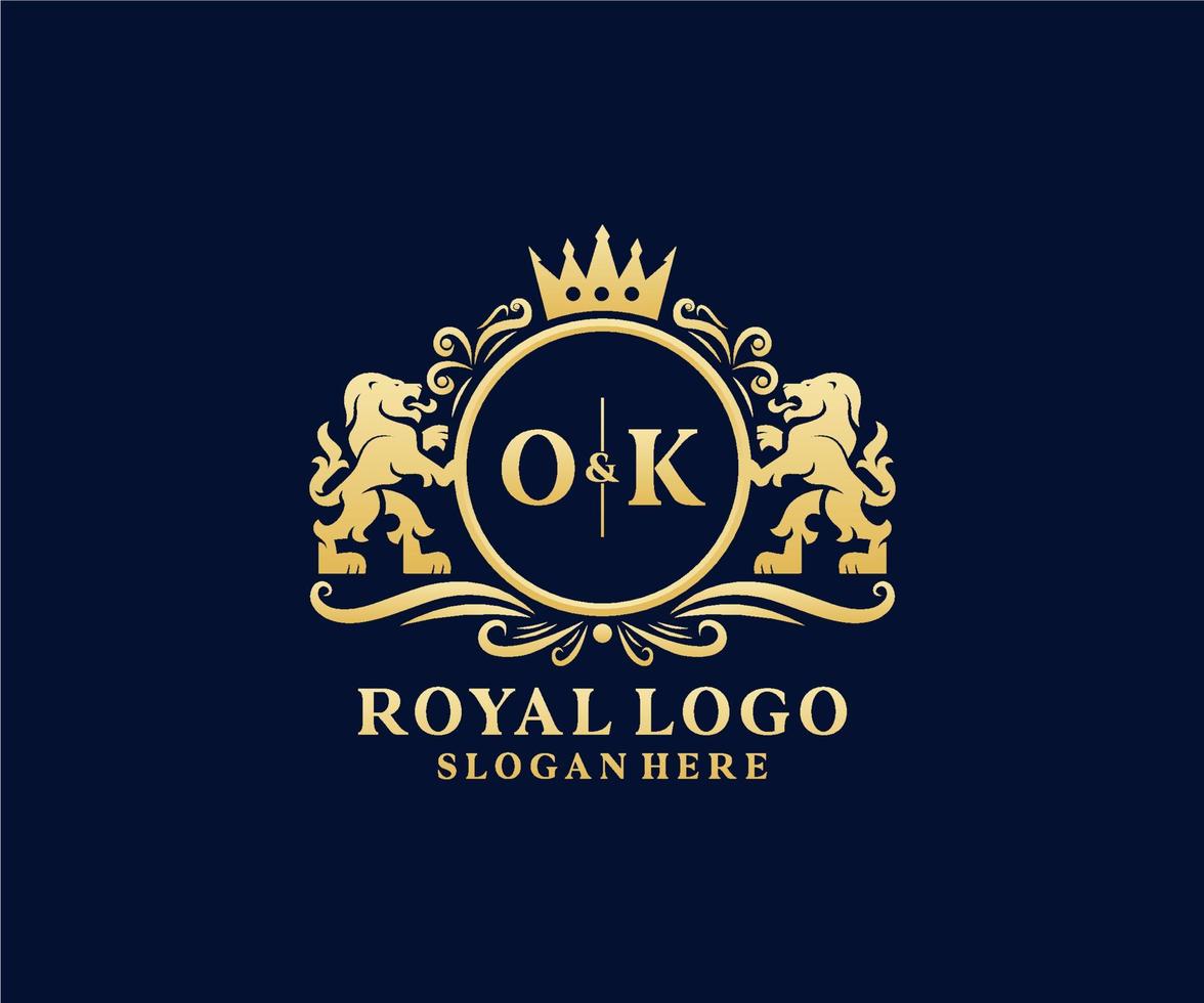 första ok brev lejon kunglig lyx logotyp mall i vektor konst för restaurang, kungligheter, boutique, Kafé, hotell, heraldisk, Smycken, mode och Övrig vektor illustration.