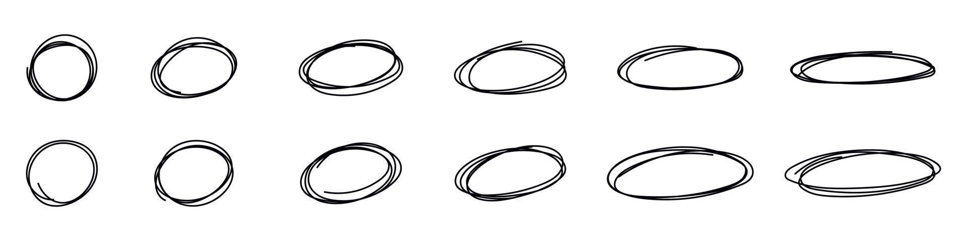 Markieren Oval Kreis Rahmen. Gekritzel Hand gezeichnet Bleistift Linien. runden Bürste markieren. Vektor isoliert Illustration