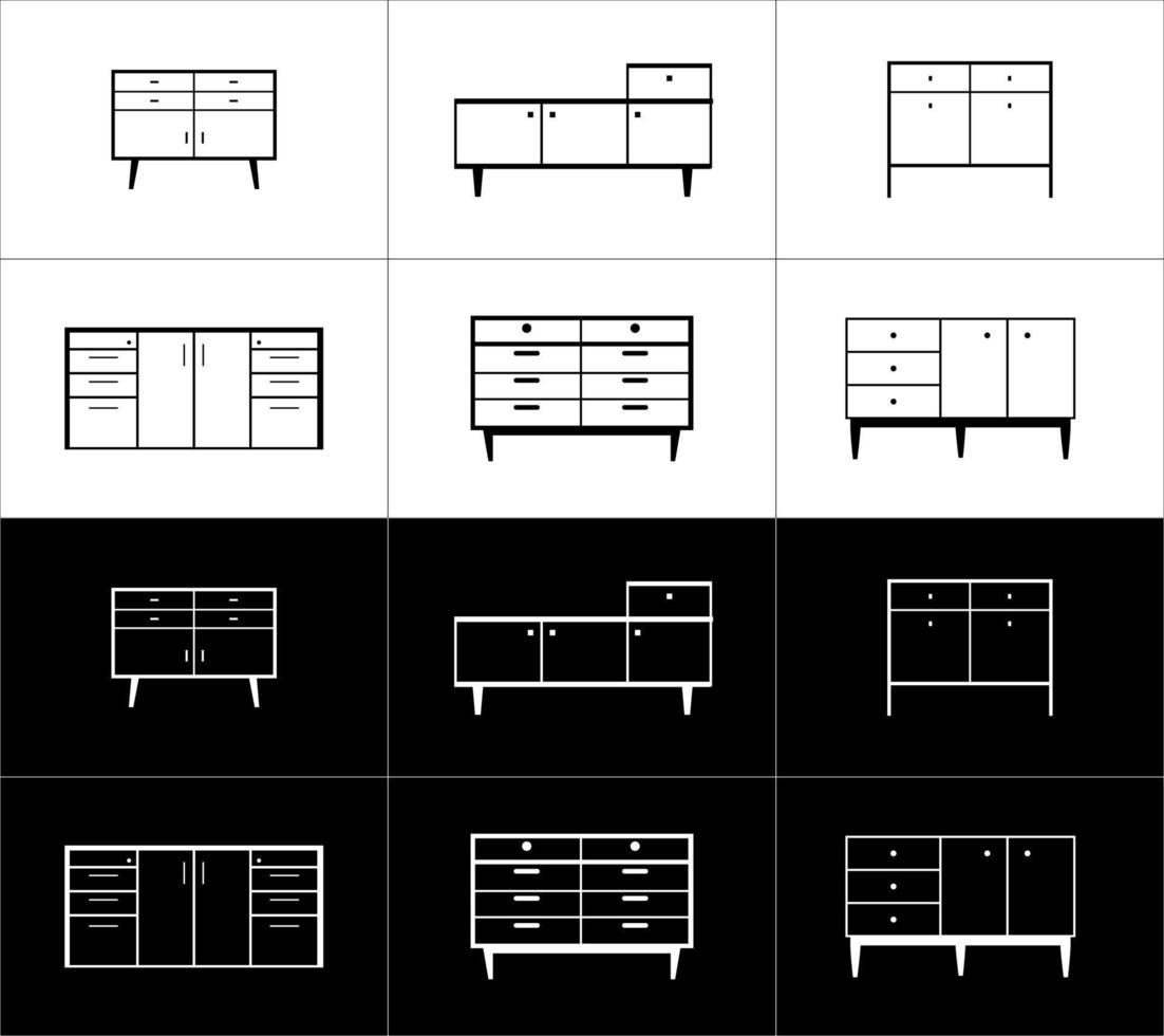 Möbel Symbole einstellen auf schwarz und Weiß Hintergrund. Schränke vektor