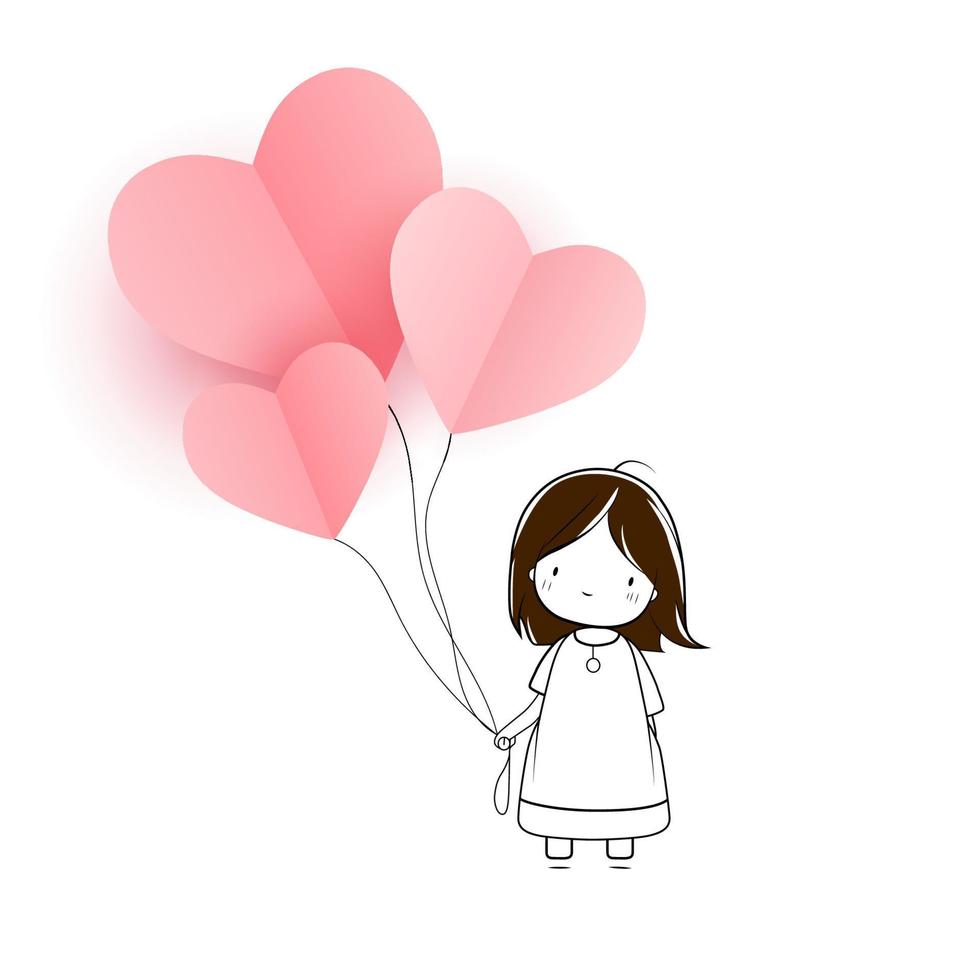 süß Baby Mädchen mit Herz Luftballons. Vektor Illustration