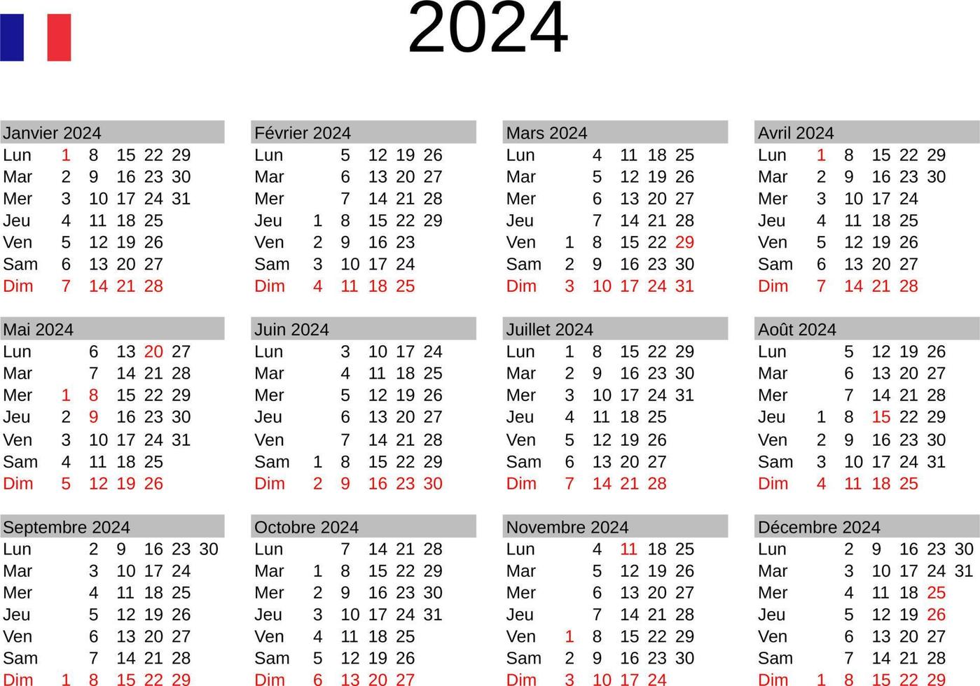 Jahr 2024 Kalender im Französisch mit Frankreich Ferien vektor