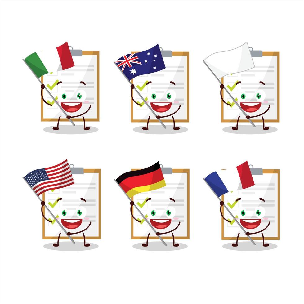 Checkliste Karikatur Charakter bringen das Flaggen von verschiedene Länder vektor
