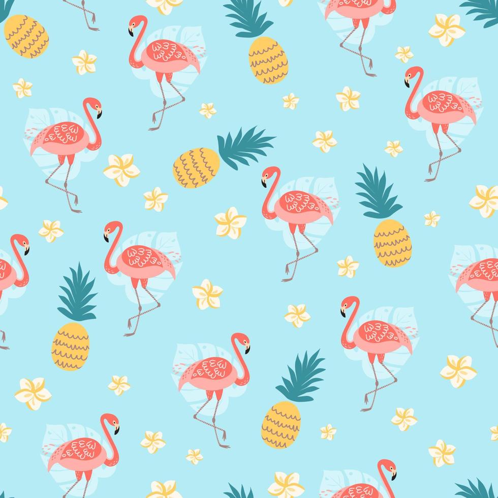 flamingo sömlös mönster. tropisk skriva ut. söt ananas blommor på grön mentol bakgrund. rolig sommar mönster. rosa flamingo illustration för textil, tapet, dekorativ tyg design. vektor