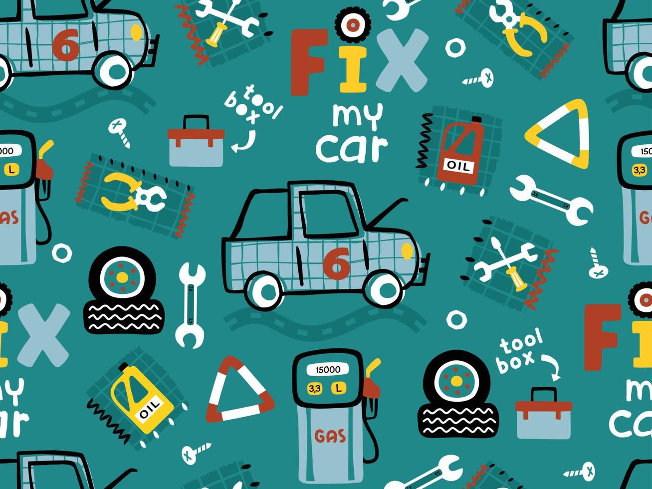 nahtlos Muster von Karikatur Auto mit Mechaniker Werkzeug, Auto Reparatur Geschäft Elemente vektor