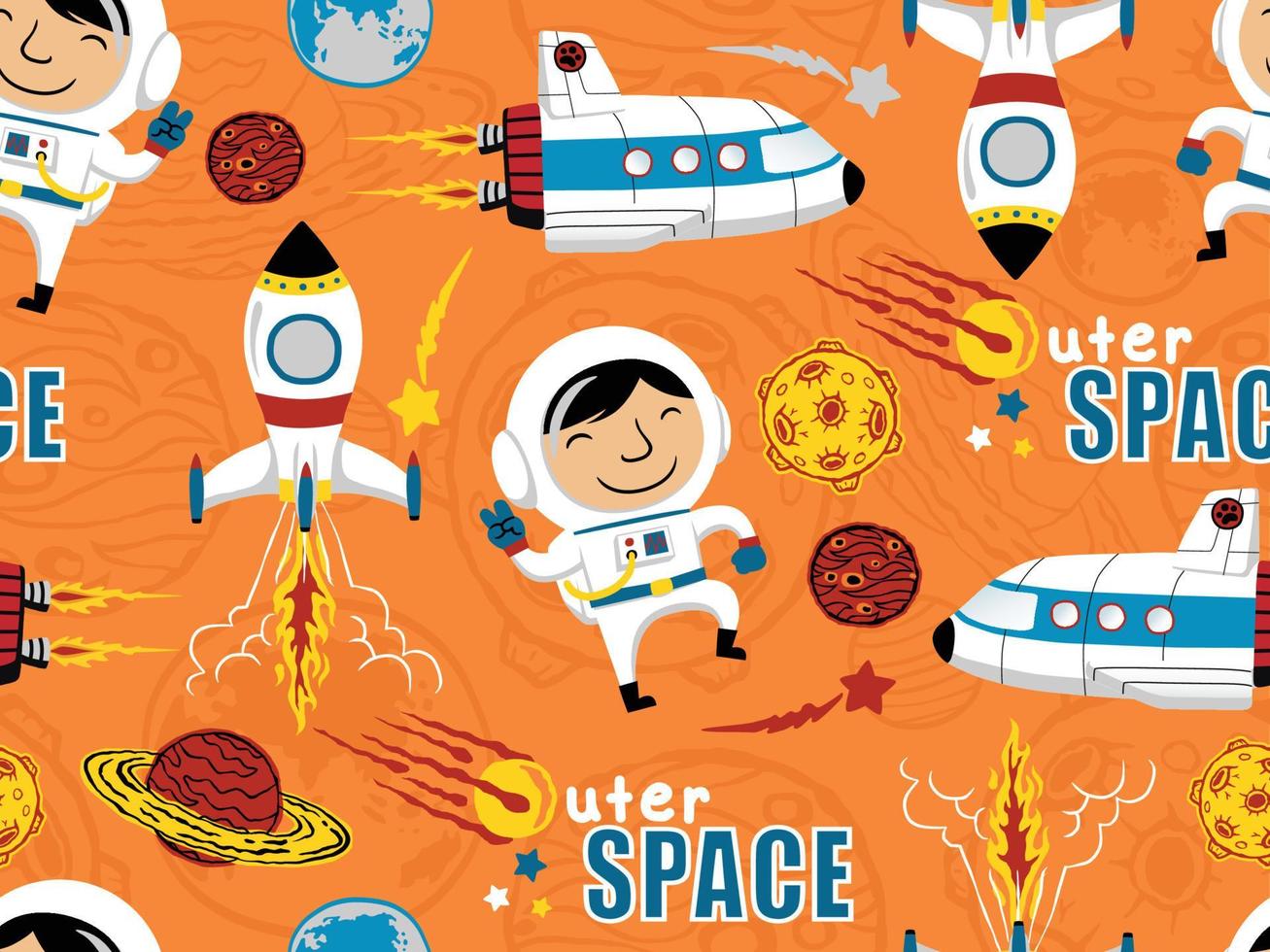 sömlös mönster av yttre Plats element tecknad serie med liten astronaut vektor