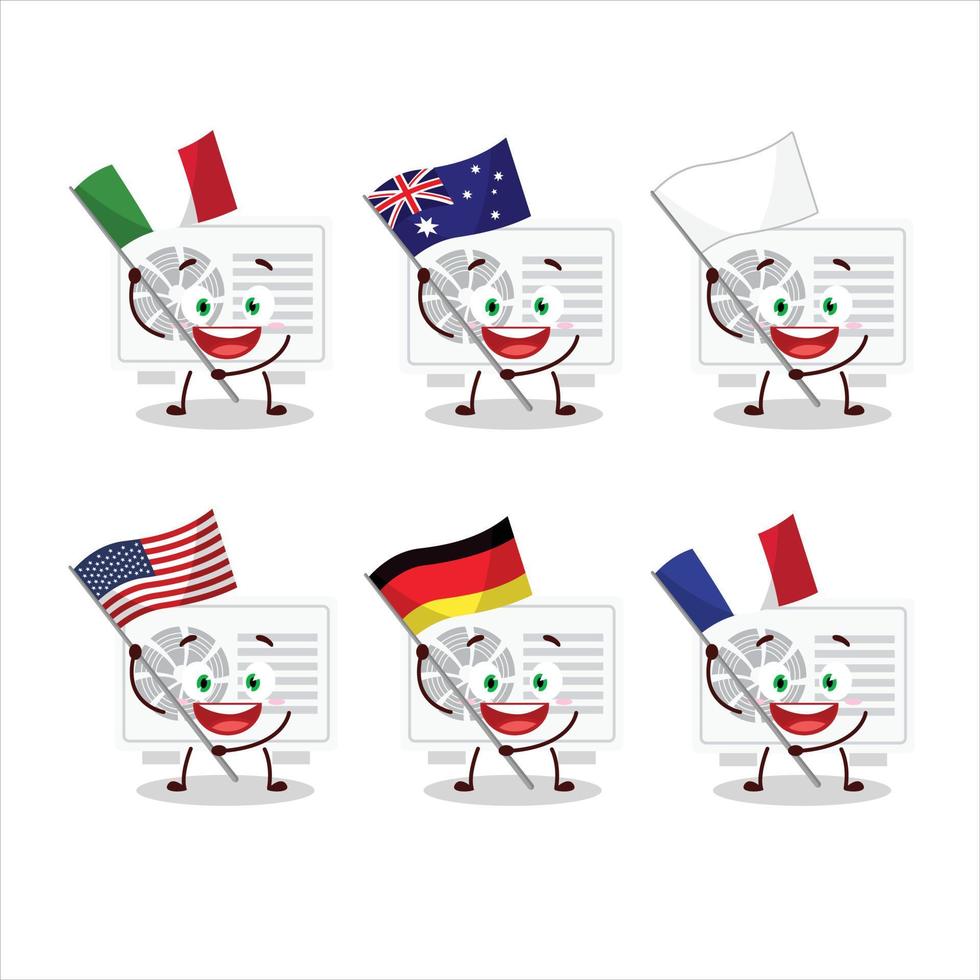 luft balsam utomhus- tecknad serie karaktär föra de flaggor av olika länder vektor