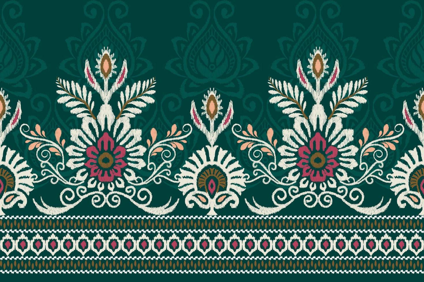 ikat blommig paisley broderi på grön bakgrund.ikat etnisk orientalisk mönster traditionell.aztec stil abstrakt vektor illustration.design för textur, tyg, kläder, inslagning, dekoration, sarong, halsduk