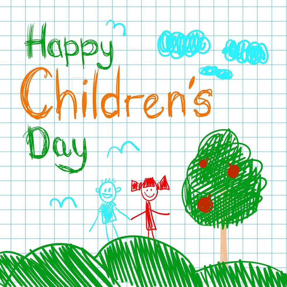 Poster mit Notizbuch Papier und süß Gekritzel Zeichnung von glücklich Kinder und Vorschriften zu feiern Kinder s Tag. vektor