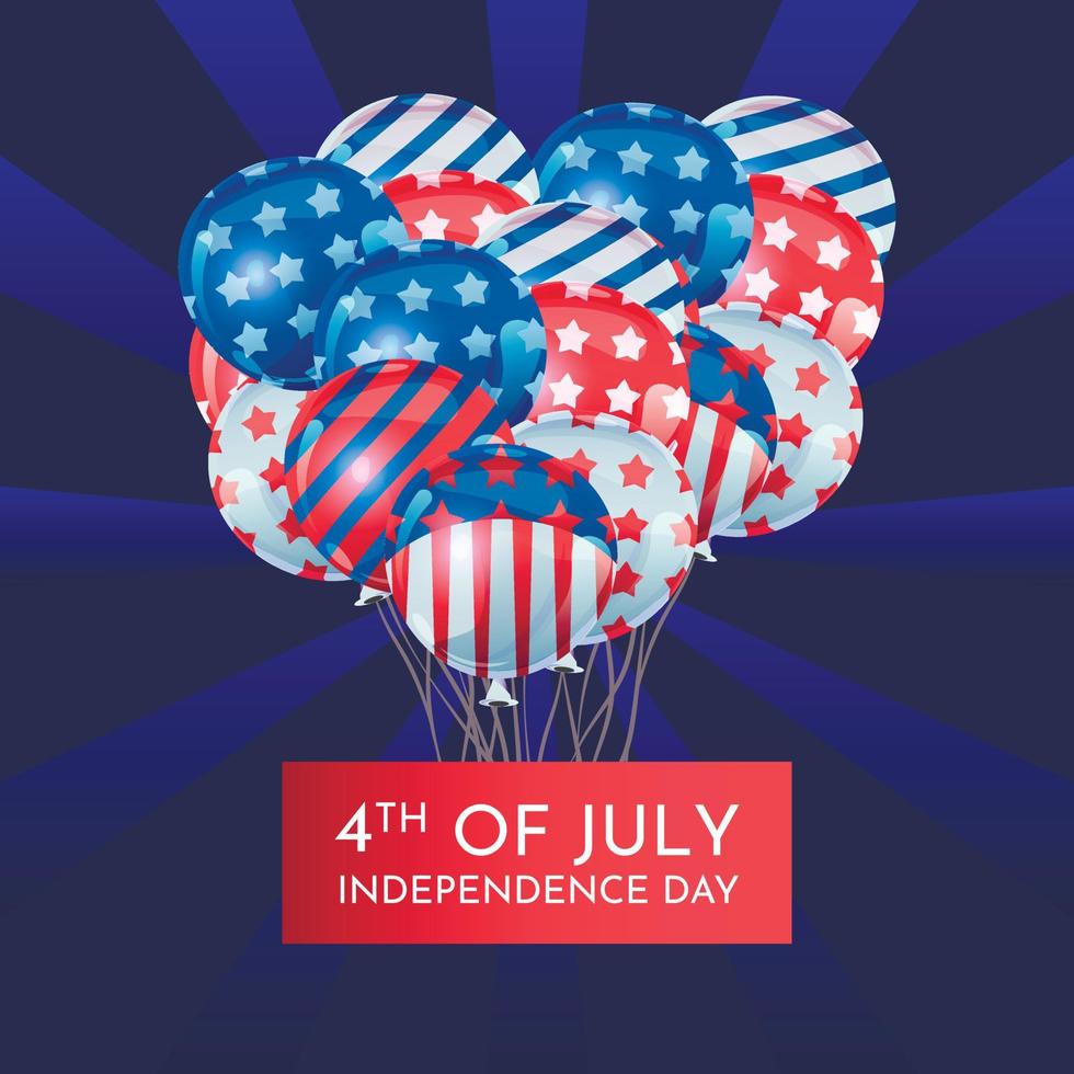 oberoende dag firande baner, hälsning kort. 4:e av juli hälsning kort med ballonger i nationell flagga färger på blå bakgrund. USA Land statlig patriotisk Semester. vektor illustration