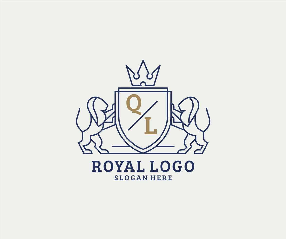 Anfangsbuchstaben ql lion royal Luxus-Logo-Vorlage in Vektorgrafiken für Restaurant, Lizenzgebühren, Boutique, Café, Hotel, heraldisch, Schmuck, Mode und andere Vektorillustrationen. vektor