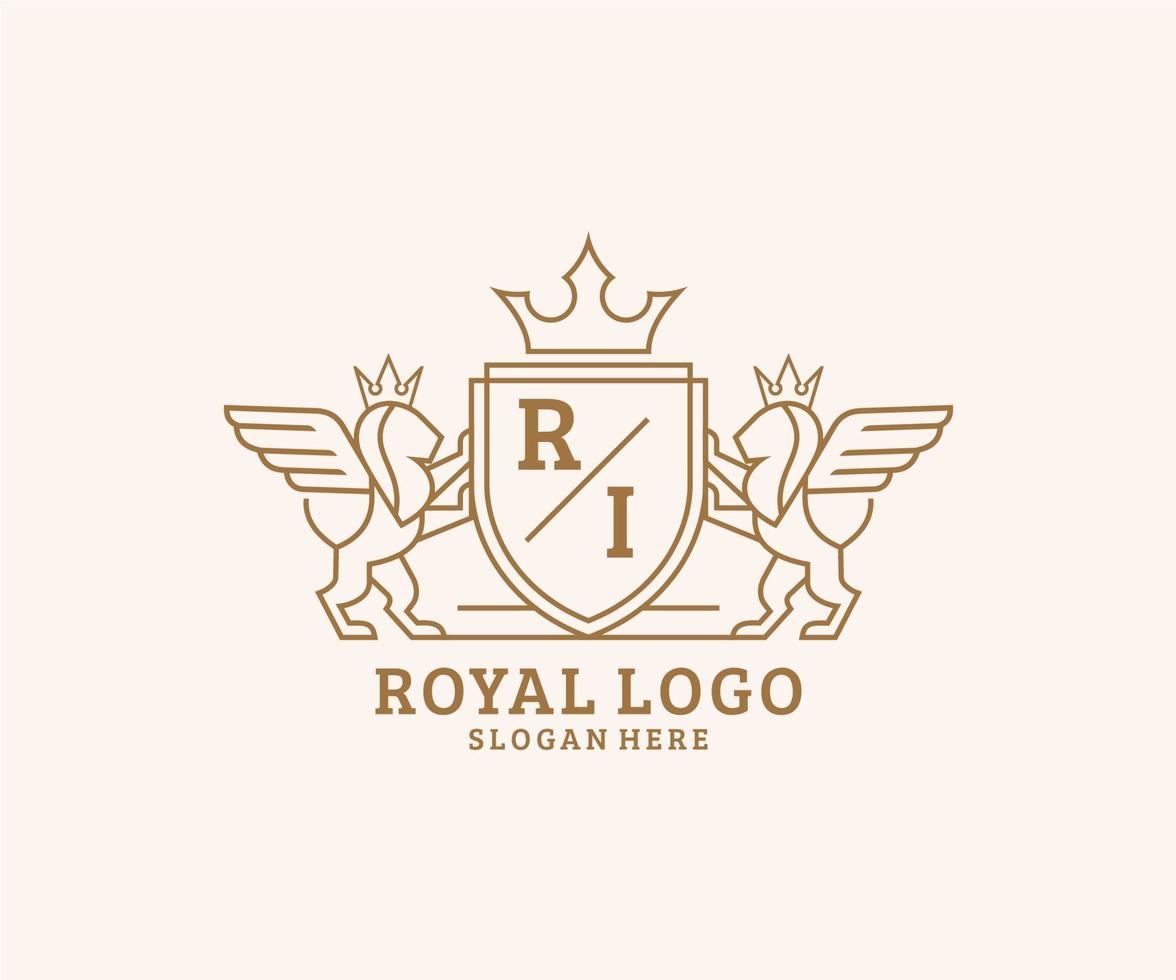 första ri brev lejon kunglig lyx heraldisk, vapen logotyp mall i vektor konst för restaurang, kungligheter, boutique, Kafé, hotell, heraldisk, Smycken, mode och Övrig vektor illustration.