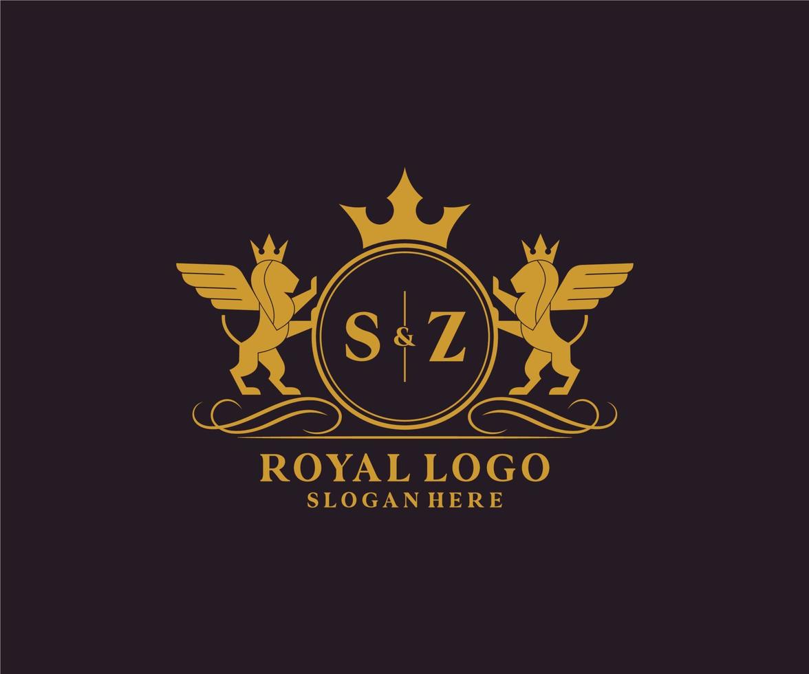 första sz brev lejon kunglig lyx heraldisk, vapen logotyp mall i vektor konst för restaurang, kungligheter, boutique, Kafé, hotell, heraldisk, Smycken, mode och Övrig vektor illustration.