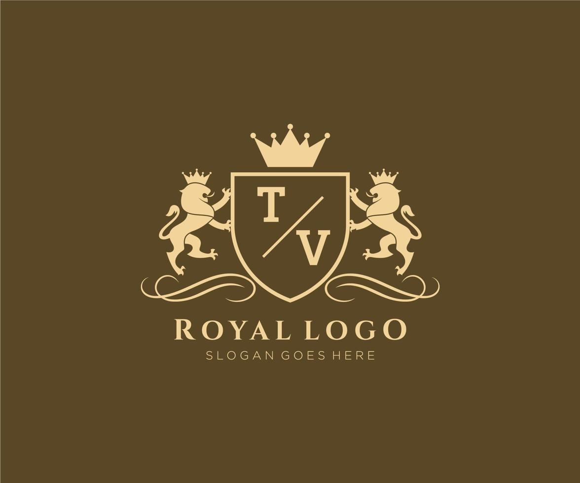 första TV brev lejon kunglig lyx heraldisk, vapen logotyp mall i vektor konst för restaurang, kungligheter, boutique, Kafé, hotell, heraldisk, Smycken, mode och Övrig vektor illustration.