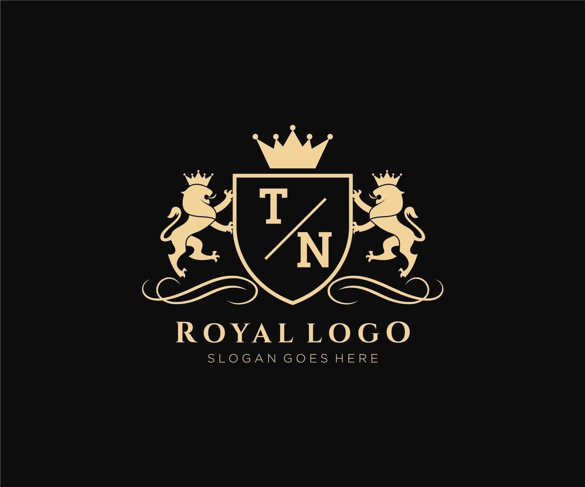 första tn brev lejon kunglig lyx heraldisk, vapen logotyp mall i vektor konst för restaurang, kungligheter, boutique, Kafé, hotell, heraldisk, Smycken, mode och Övrig vektor illustration.