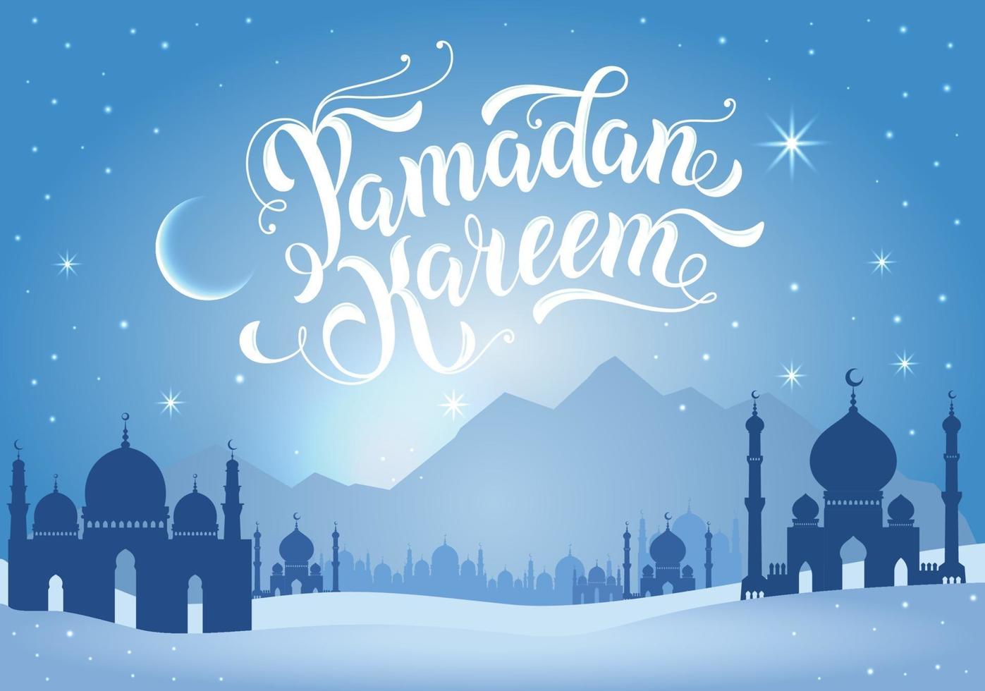 Ramadan Kareem Illustration mit Bergen und Moscheen in Blau. vektor