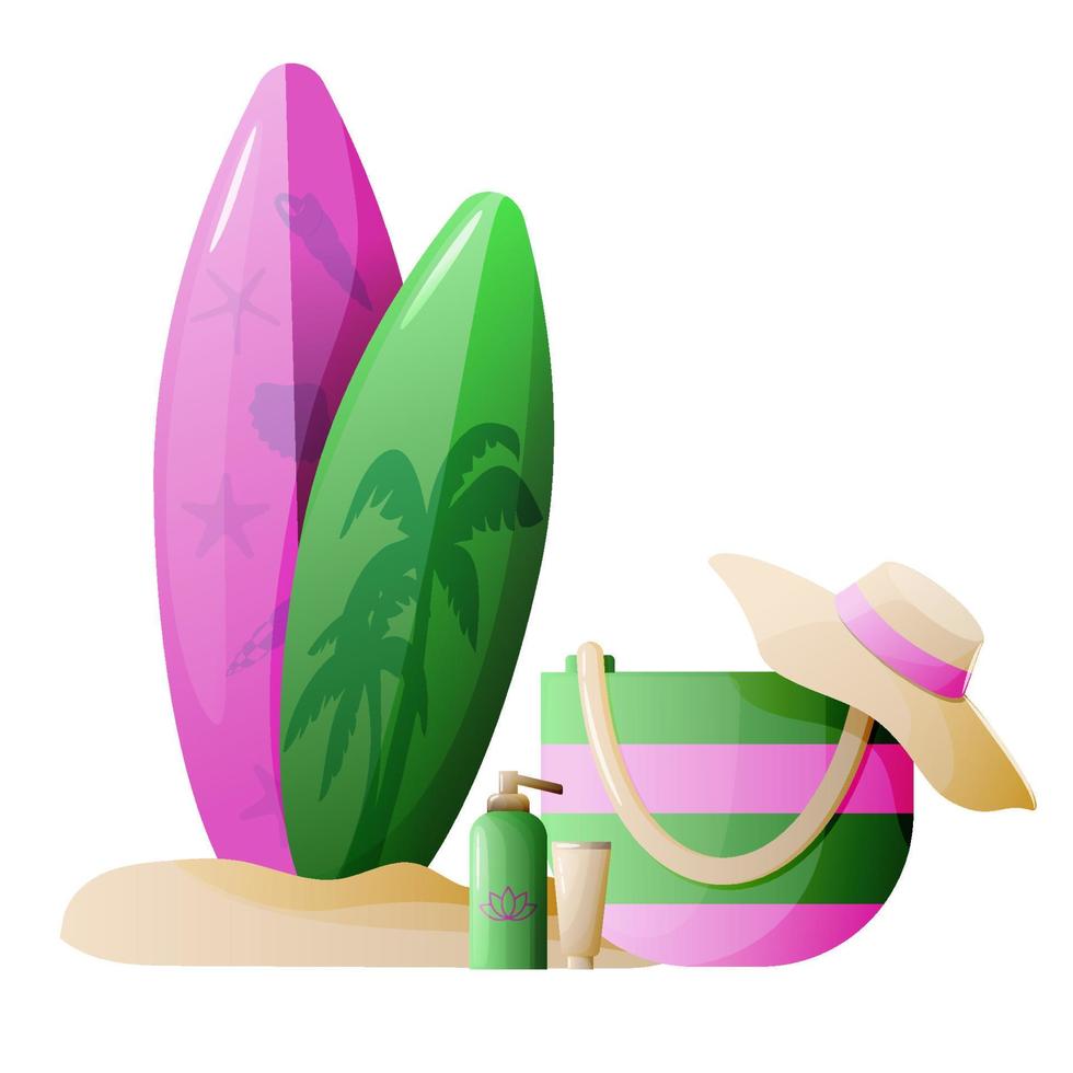 semester Tillbehör för hav högtider. strand grejer för sommar resa uppsättning. hatt, Solskydd, surfdoard, strand väska. vektor illustration