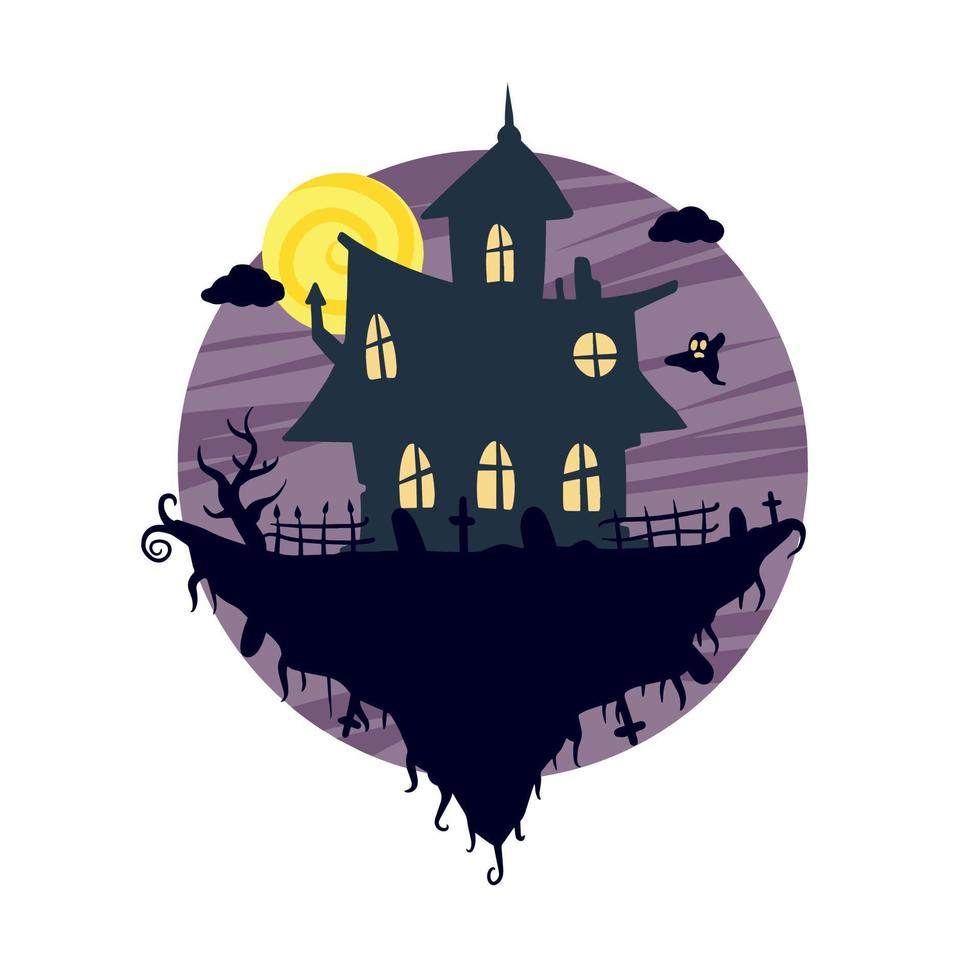 Halloween verfolgt Haus isoliert auf Weiß Hintergrund. unheimlich dunkel Silhouette von Zuhause oder Villa. Karikatur Vektor gespenstisch Illustration. gotisch süß Stadt, Dorf