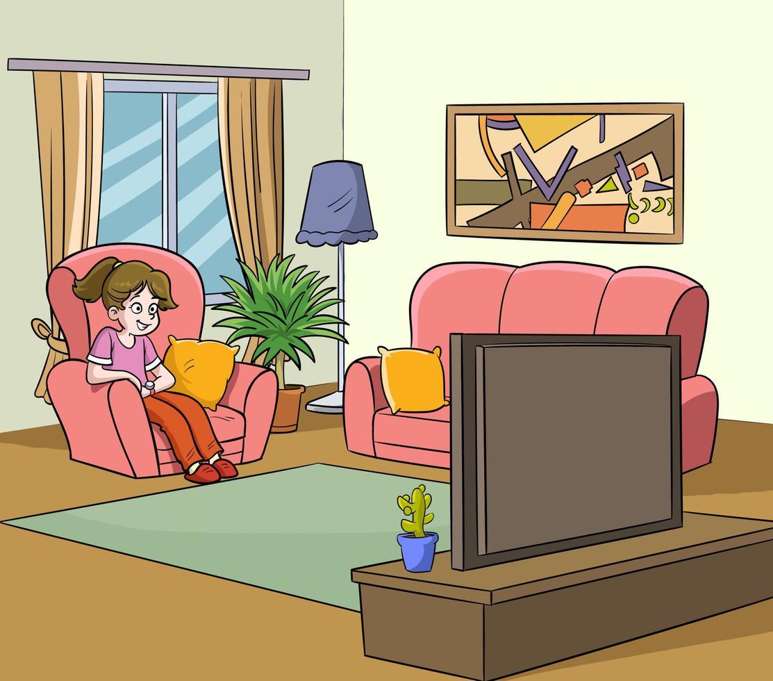 flicka tittar på TV i levande rum vektor illustration