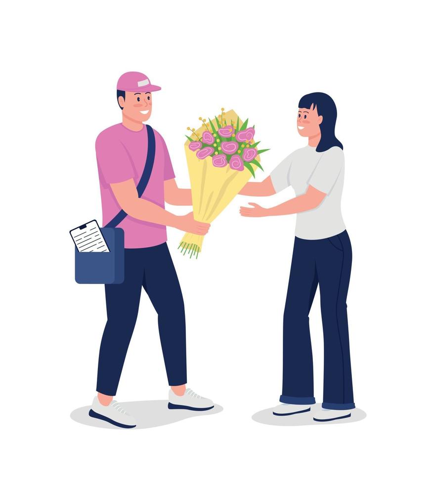 glücklicher Lieferbote Mann gibt Frau einen Blumenstrauß vektor