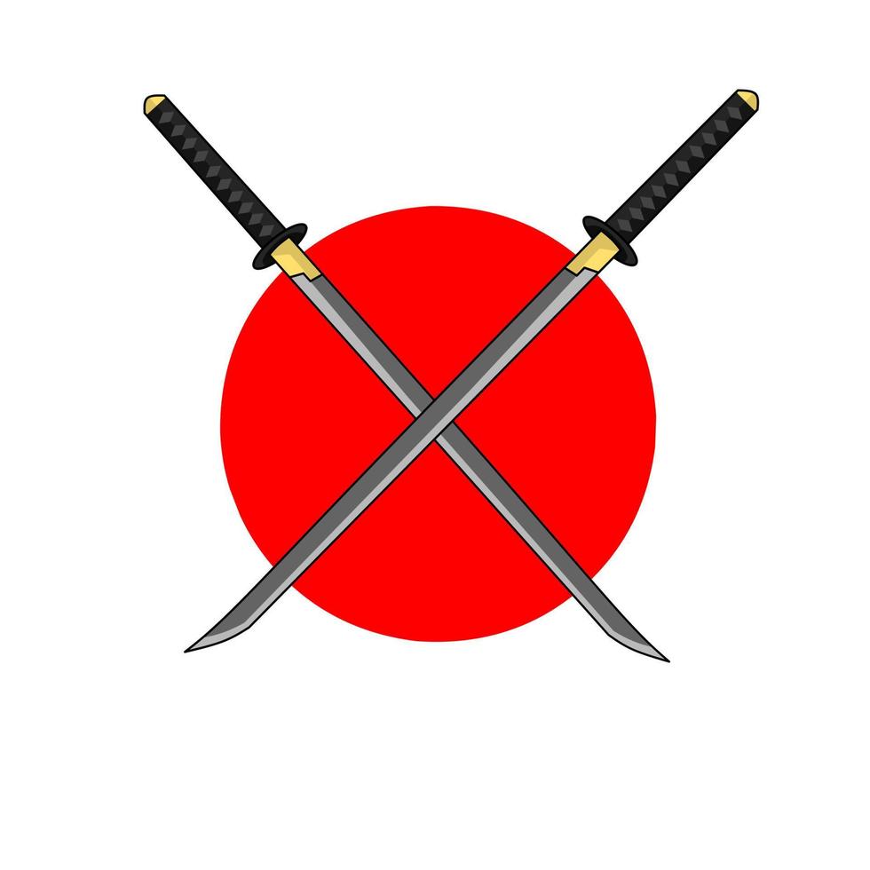 Illustration Vektor Grafik von Symbol Logo zwei Katana Schwerter im das Mitte von rot Kreis