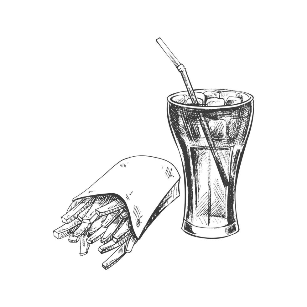 ritad för hand skiss av franska frites i en kartong låda och cola glas med is, isolerat. svartvit skräp mat årgång illustration. bra för meny, affisch eller restaurang bakgrund. vektor