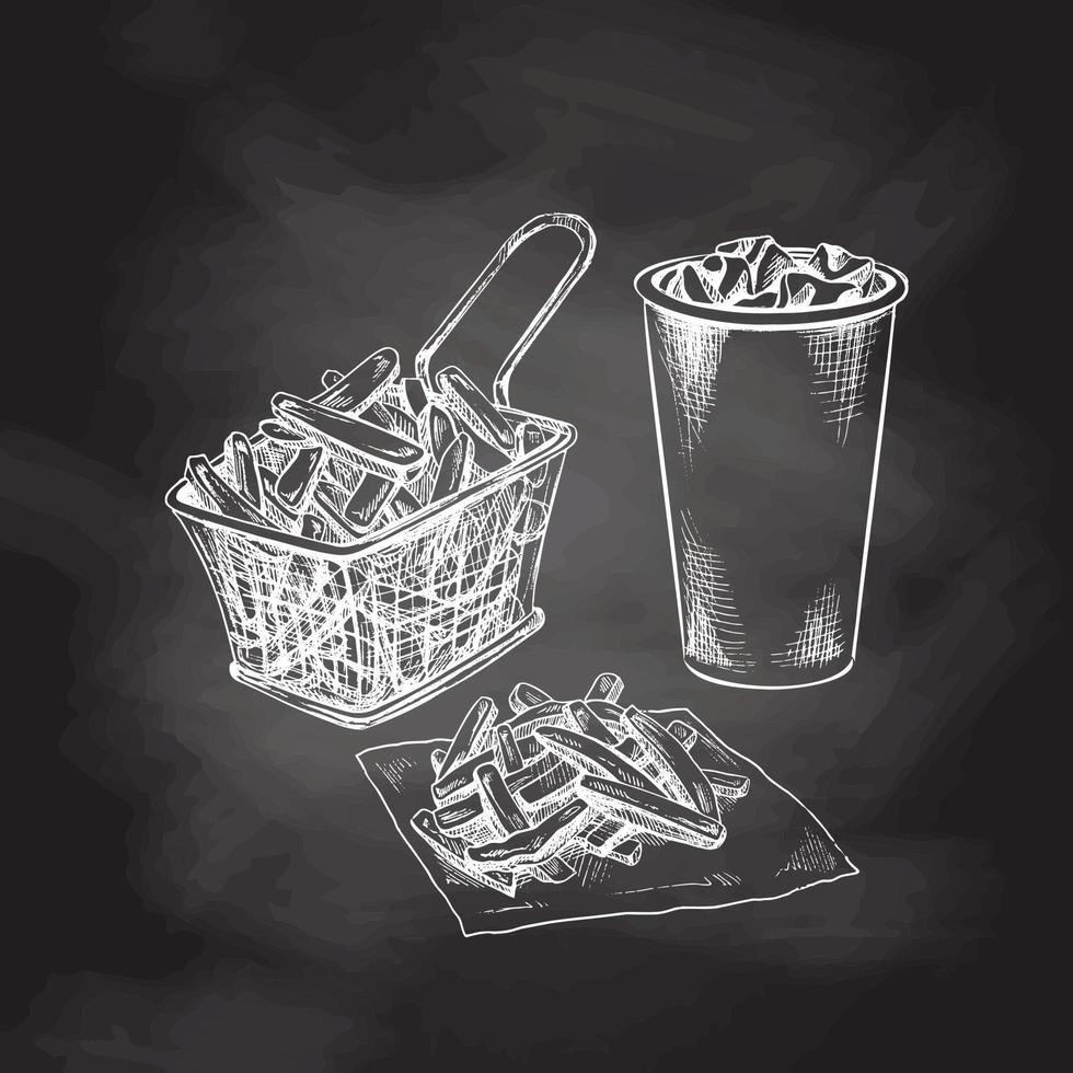 ritad för hand vit skiss av franska frites i metall maska behållare och papper kopp av cola med is isolerat på krita bakgrund. svartvit skräp mat årgång illustration. bra för meny, affisch vektor