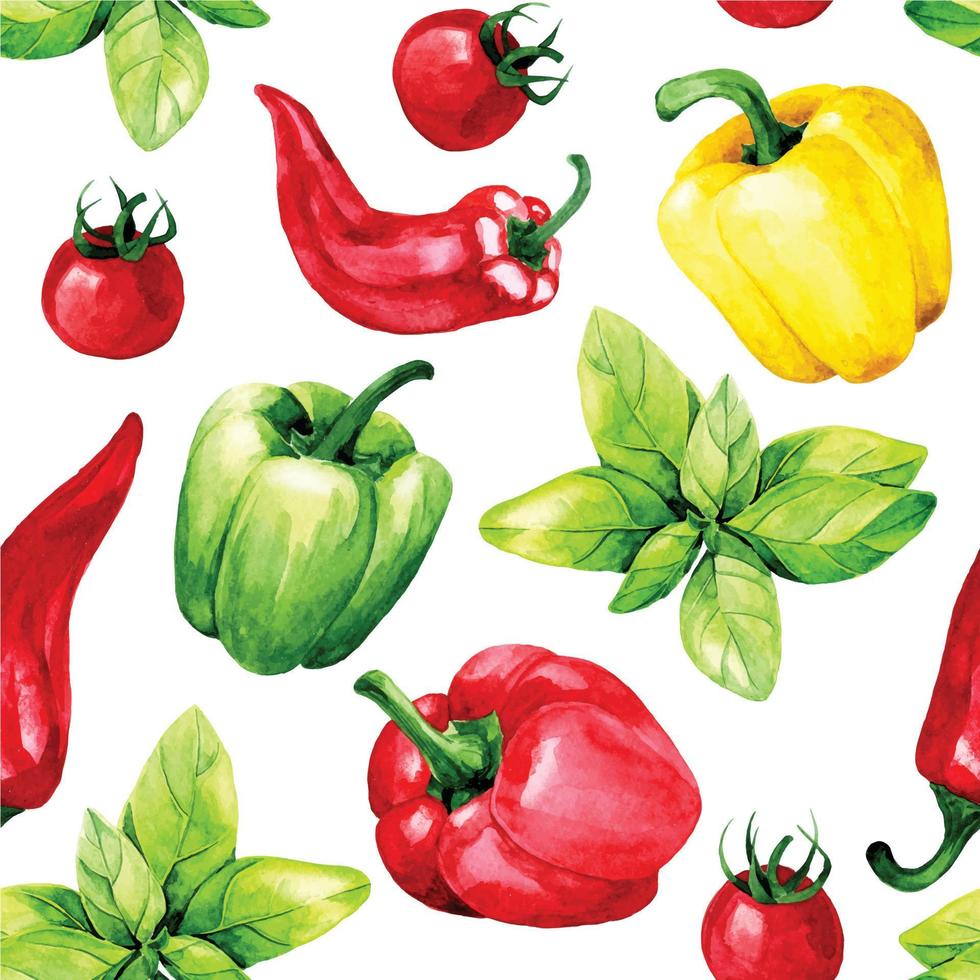 vattenfärg teckning. sömlös mönster av grönsaker och kulinariska örter. basilika, klocka peppar, chili peppar, tomater vektor